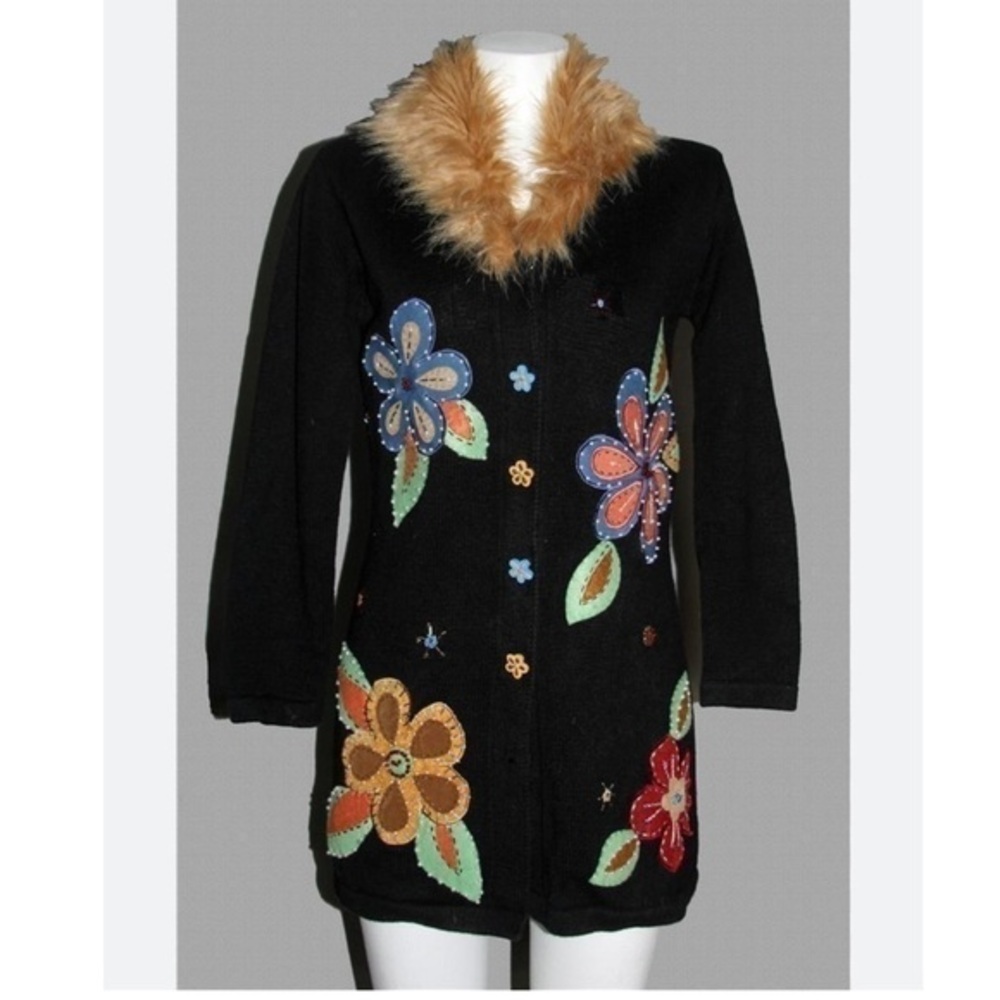 Storybook knits one of a kind wool blend embroidered beaded floral cardigan S